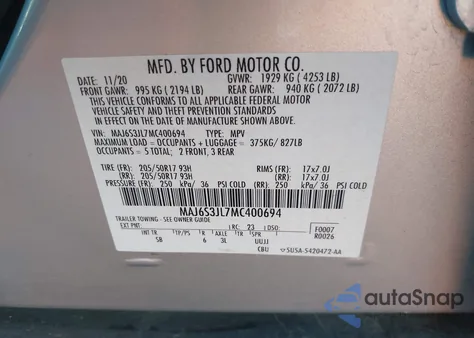 2021 Ford Ecosport Ses z USA, uszkodzony, nr VIN MAJ6S3JL7MC400694